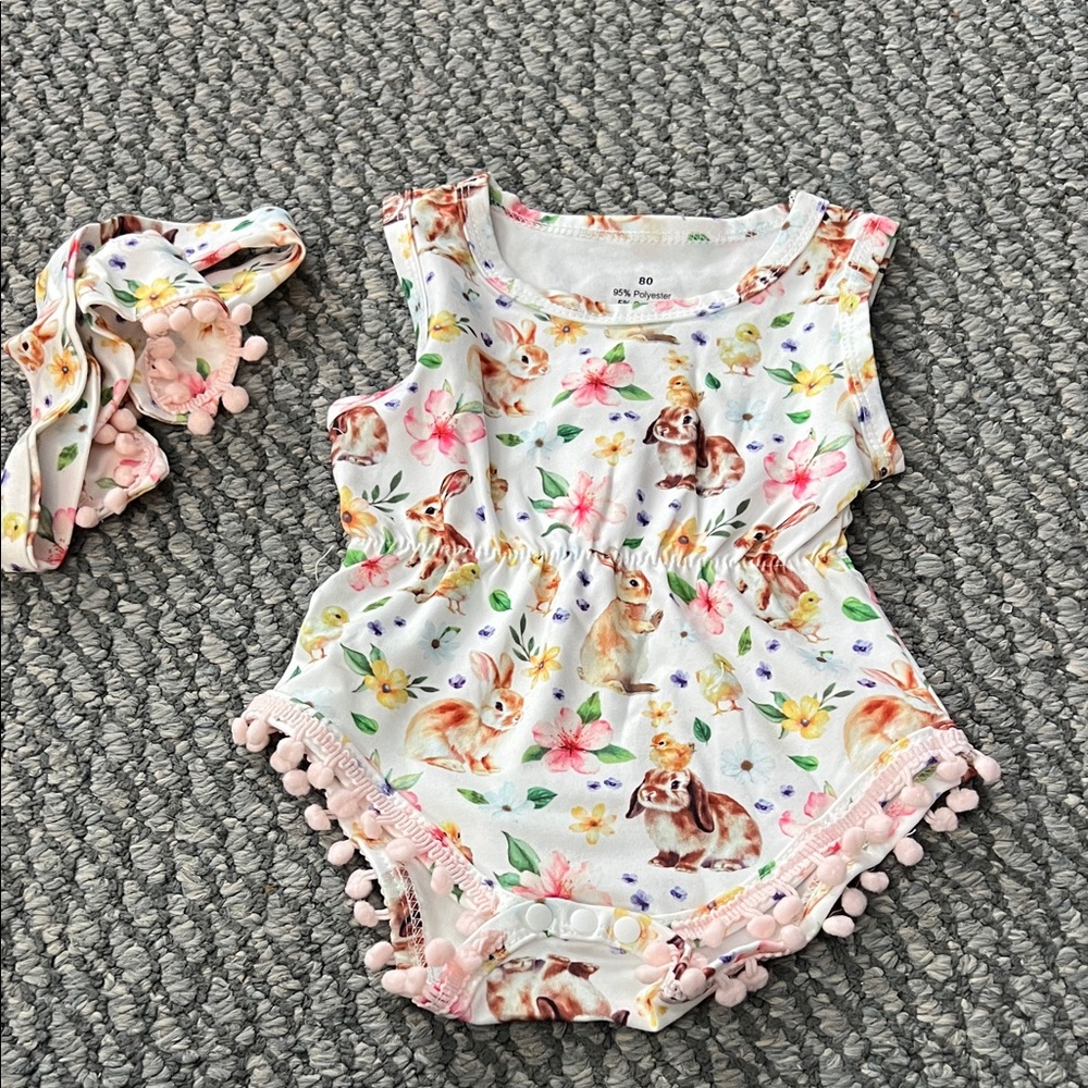 Floral bunny  Print Baby Romper with Headband sz 80/3m